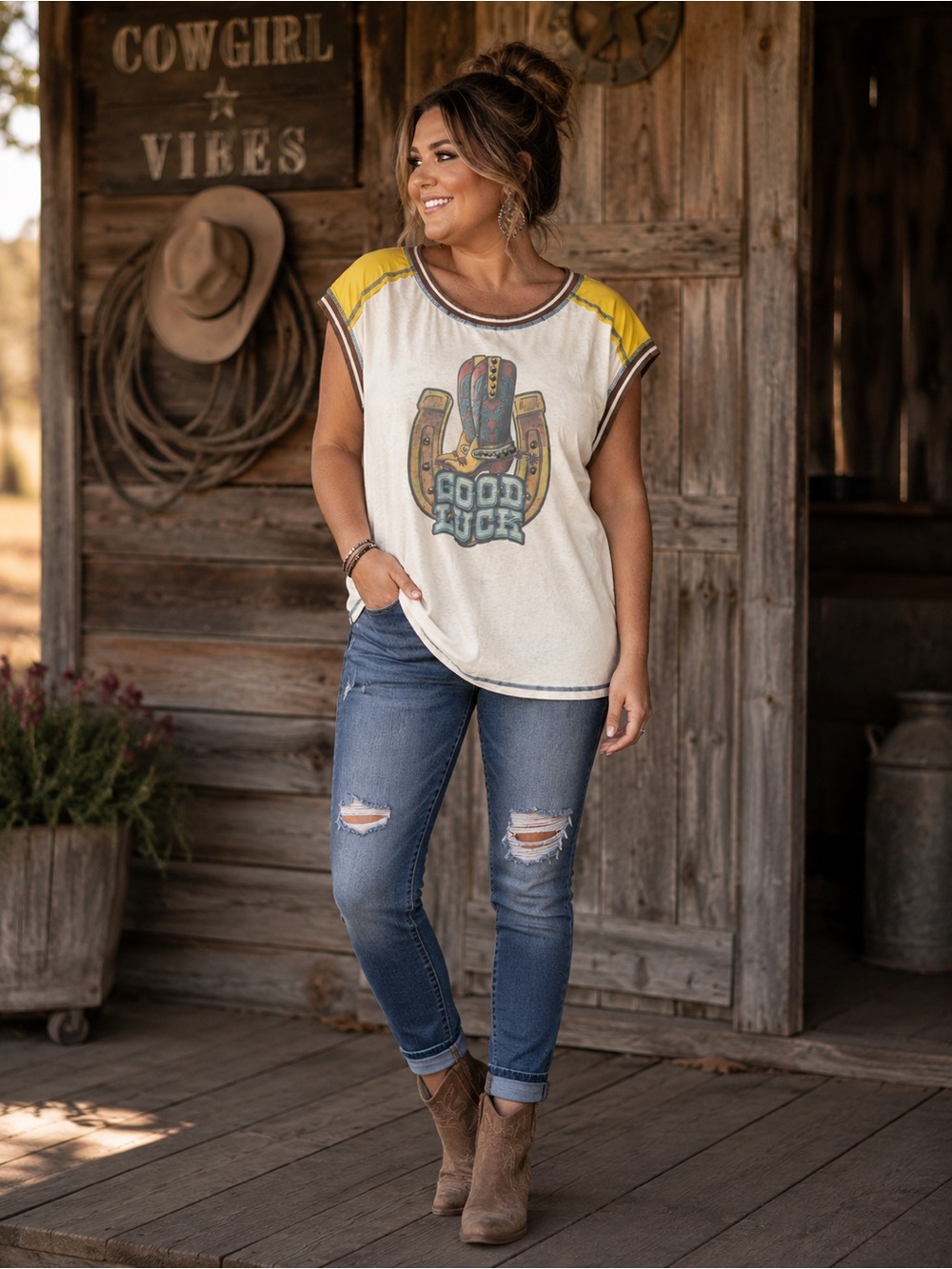 Good Luck Graphic Short Sleeve Tee - Cream & Yellow